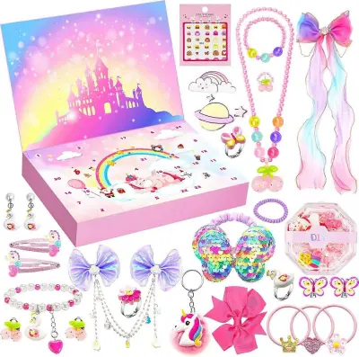 Vroče roza božični adventni koledar Škatla za dekle Darilo Mermaid Princess Dress Up Nakit Hairpin Darilna škatla 24-dnevnega odštevalnega koled