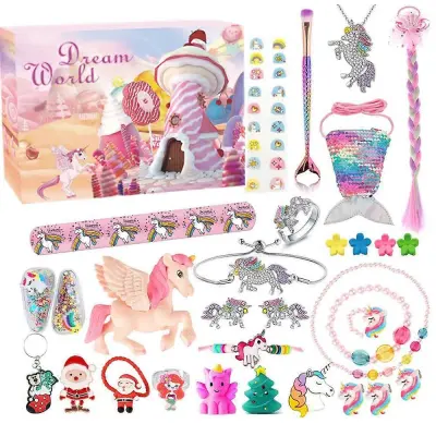 Vroče roza božični adventni koledar Škatla za dekle Darilo Mermaid Princess Dress Up Nakit Hairpin Darilna škatla 24-dnevnega odštevalnega koled