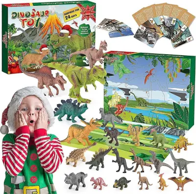 Glinena identifikacijska kartica dinozavra, slepa škatla, avtomobilček klikni in igraj, odštevalni koledar s teleskopsko cevjo Triceratops