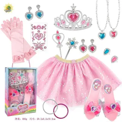 Otroška tutu obleka, predstava za dan otroka, komplet rožnatih rokavic za deklico, kristalni čevlji princese, obesek s krono