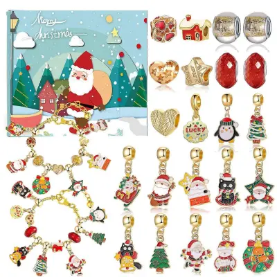 Božična DIY zapestnica iz perl, darilna škatla, zlati komplet nakita, koledar z odštevanjem, advent, božično risano darilo