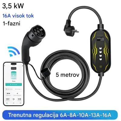 Tip 2 EV električni avtomobilski polnilni kabel – enofazni 3,68 kW, nastavljiv tok, LCD zaslon, prenosni polnilnik 5 m z vtičem Schuko (6-16A), AP