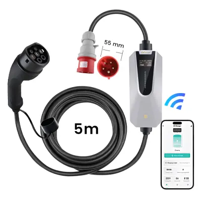 Tip 2 EV električni avtomobilski polnilni kabel – 11kW, nastavljiv tok, LCD zaslon, prenosni polnilnik 5 m z vtičem Schuko 6-16A IP67 APP Vključu