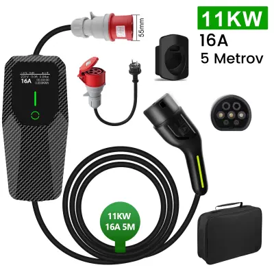 Tip 2 EV električni avtomobilski polnilni kabel – 11kW, nastavljiv tok, LCD zaslon, prenosni polnilnik 5 m z vtičem Schuko 6-16A IP67