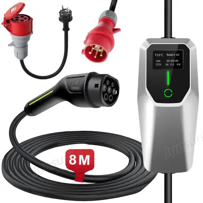 Tip 2 EV Polnilni Kabel za Električna Vozila – 3-Fazni 11KW, Nastavljiv Tok, Prenosni Polnilec 8M s CEE16A Vtičnico in Torbico (6-16A)+napajalnik