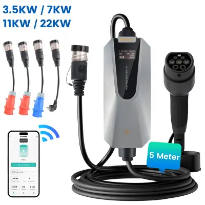 Tip 2 EV električni avtomobilski polnilni kabel – 22kW, nastavljiv tok, LCD zaslon, prenosni polnilnik 6 m z vtičem Schuko 6-32A IP66 APP Vključu