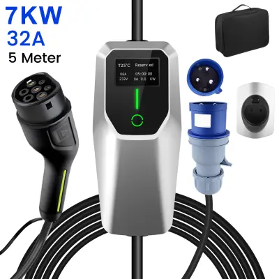 Tip 2 EV električni avtomobilski polnilni kabel – enofazni 7kW, nastavljiv tok, LCD zaslon, prenosni polnilnik 5 m z vtičem Schuko 6-32A IP67