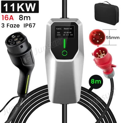 Tip 2 EV Polnilni Kabel za Električna Vozila – 3-Fazni 11KW, Nastavljiv Tok, Prenosni Polnilec 8M s CEE16A Vtičnico in Torbico (6/8/10/13/16A)