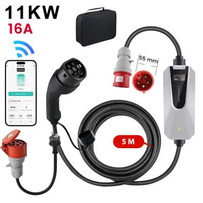 Tip 2 EV električni avtomobilski polnilni kabel – 11kW, nastavljiv tok, LCD zaslon, prenosni polnilnik 5 m z vtičem Schuko 6-16A IP67 APP, adapter