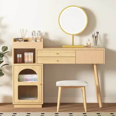 Set toaletne mizice, kozmetična mizica z LED-ogledalom in 3-barvno osvetlitvijo, lesena toaletna mizica za spalnico ali studio - mere