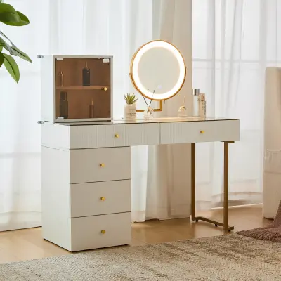 Set toaletne mizice z LED-osvetljenim ogledalom, prozorno stekleno ploščo, stransko in omarico, elegantno pohištvo, bela, mere