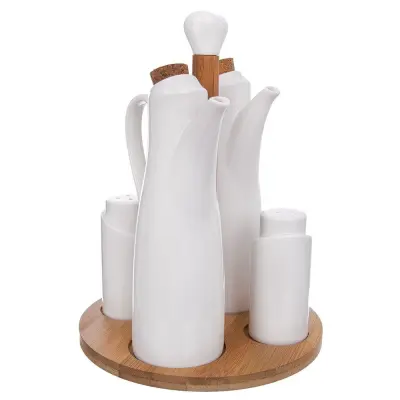 Solnica, poprovnica, steklenice za olje in kis, porcelanaste, s stojalom, WHITELINE, 5 kosov.