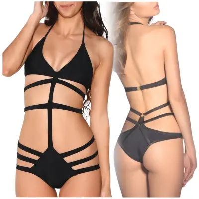 Enodelne kopalke bikini črne barve z naramnicami za sončenje m