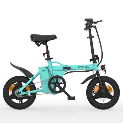 Mini zložljivo električno kolo ESKUTE F100, 14", 250 W motor 36 V 9 Ah baterija, cijan