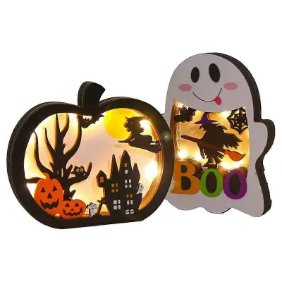 Lesena osvetljena buča za noč čarovnic za namizno ploščo 2 kosa svetleče buče Ghost Lamp Shadow Box Okraski za noč čarovnic