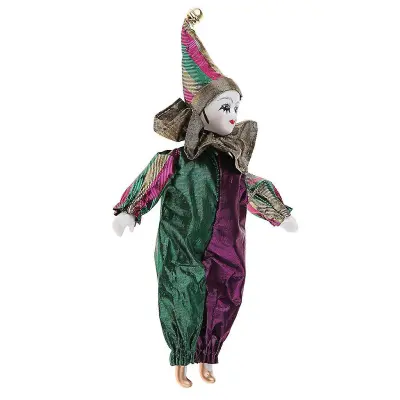 Porcelanasta lutka klovn v oblekah za zabavo za noč čarovnic Tricky Props 22 cm