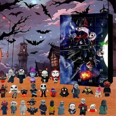 Adventni koledar z odštevanjem za noč čarovnic 2024, adventni koledar The Nightmare Before Christmas, grozljive figure grozljivk, darilo za otroke