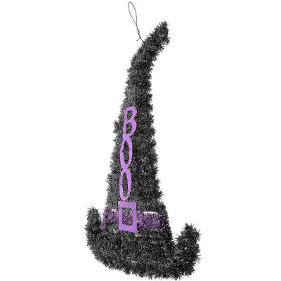Stenski dekor za noč čarovnic Čarovniški klobuk, viseči okrasek za vhodna vrata, črn, 39x28x0,5 cm, plastični srhljiv dekor, 1 komplet