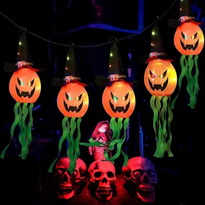 Okraski za noč čarovnic Luči 11,5 Ft 2 načina 5pcs Diy viseče barvne Led z utripajočimi mehurčki Pumpkin String Luči za notranje prostore