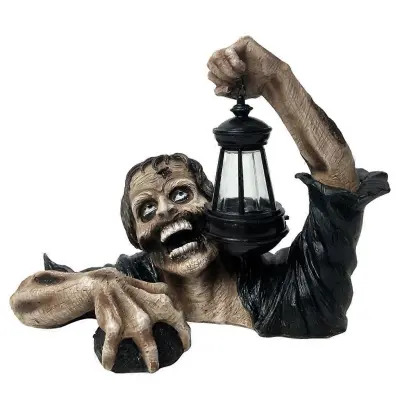 Ostuden kip zombija z lučko luči, smolo, vrtna skulptura, zunanja terasa, dvorišče, travna dekoracija, rekvizit za zabavo za noč čarovnic