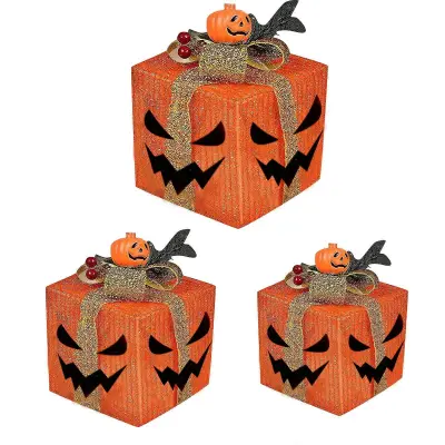 3 paketi osvetljenih bučnih okraskov za noč čarovnic z LED lučkami, darilna škatla Jack-O-Lantern na baterije