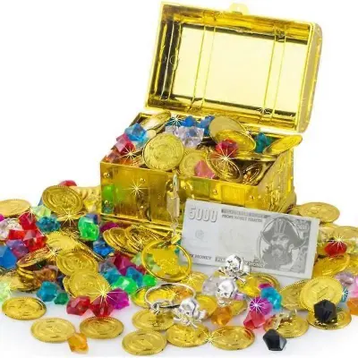 Škatla s piratsko skrinjo zakladov s 100 kosi piratskega zlata, 100 g diamanta, otroške igrače, okrasna igra za zabavo za noč čarovnic