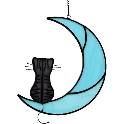 Black Cat Decor Na White Moon Vitraž Okno Visi Suncatcher Za Okna Plošče Sun Catcher Halloween Ornament Dekoracija Spominsko Darilo
