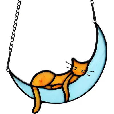 Black Cat Decor Na White Moon Vitraž Okno Visi Suncatcher Za Okna Plošče Sun Catcher Halloween Ornament Dekoracija Spominsko Darilo