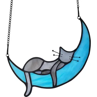 Black Cat Decor Na White Moon Vitraž Okno Visi Suncatcher Za Okna Plošče Sun Catcher Halloween Ornament Dekoracija Spominsko Darilo