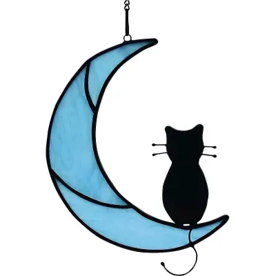 Black Cat Decor Na White Moon Vitraž Okno Visi Suncatcher Za Okna Plošče Sun Catcher Halloween Ornament Dekoracija Spominsko Darilo