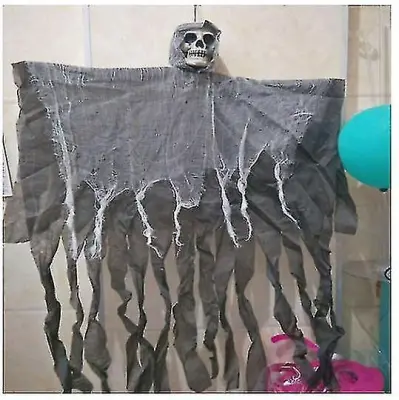 Halloween Viseča Lobanja Duh Haunted House Dekoracija Horror Rekviziti Stranka 100 cm Okostnjak s kapuco