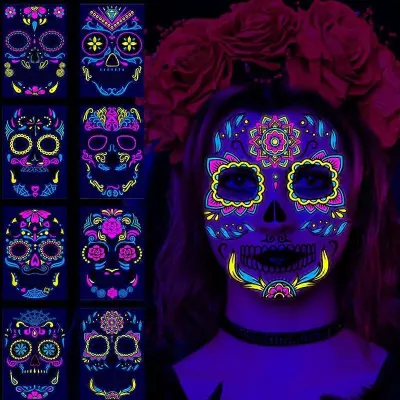 8 listov Halloween Party Tattoo Nalepke Smešen Obraz Neon Ponaredek Tattoo Luminous Festival Dodatki Dekor DIY Samolepilne Rose Scar Masquerade Tempo