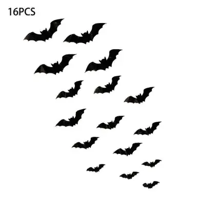 16 kosov Black Spooky Bat Decals Stenske dekorativne nalepke Halloween Party Decor za spalnico, dnevno sobo Okraski