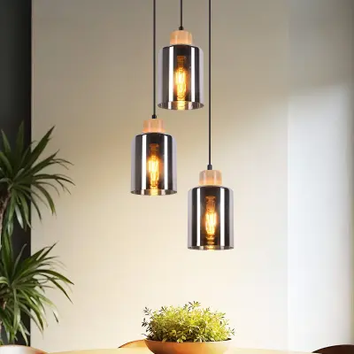 NETTLIFE Lesena viseča svetilka za jedilno mizo v vintage stilu s 3 plameni E27, industrijska jedilniška svetilka
