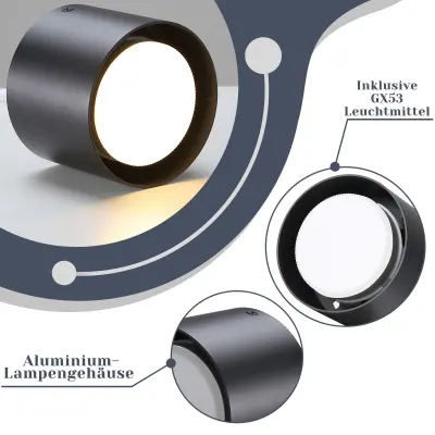 NETTLIFE LED stropna svetilka s črnim reflektorjem: okrogla stropna nadgradna svetilka, aluminij. 230V, žarnica GX53 5W 3000K