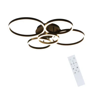 LED stropna svetilka za dnevno sobo: zatemnilna svetilka za dnevno sobo 78 W z daljinskim upravljalnikom, 5 obročev, črna, moderna