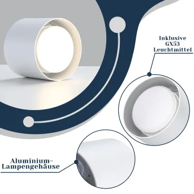 NETTLIFE LED stropna svetilka z reflektorjem, bela: okrogla stropna svetilka, alum. 230V, žarnica GX53 5W 3000K, za spalnico, hodnik