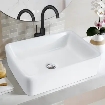 Umivalnik NETTLIFE keramični umivalnik za postavitev - bel kvadratni umivalnik za postavitev