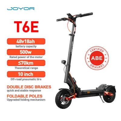 Električni skuter JOYOR T6E - 500 W motor, doseg 70 km, 10-palčne terenske pnevmatike, dvojno vzmetenje, zložljiv, baterija 48 V 18 Ah