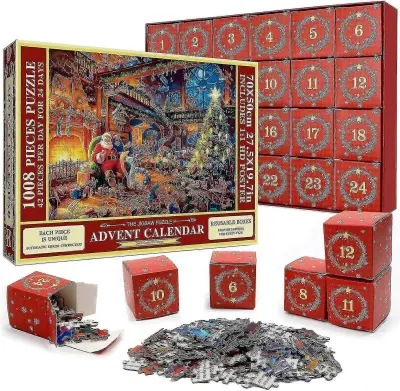Puzzle Adventni koledar 2025, 1008 kosov Puzzle 24 Days Christmas Countdown Adventni koledarji, ideja za božična darila za otroke in odrasle
