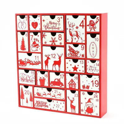 Božični leseni adventni koledar, hišica s predali za 24 dni, odštevalnik, organizator sladkarij S Xmas Gift Box, bela
