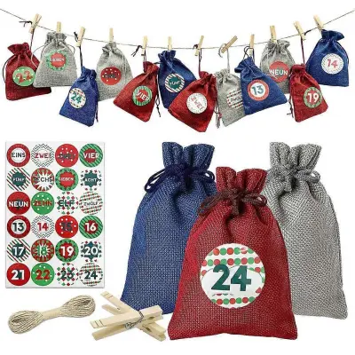 24-dnevna vrečka za božični adventni koledar, darilne vrečke za božični koledar Diy Set Papirnate nalepke Diy božični okraski s sponkami