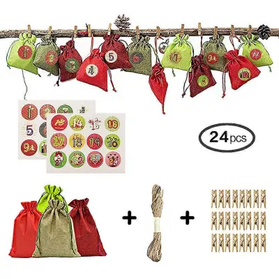 24-dnevna vrečka za božični adventni koledar, darilne vrečke za božični koledar Diy Set Papirnate nalepke Diy božični okraski s sponkami