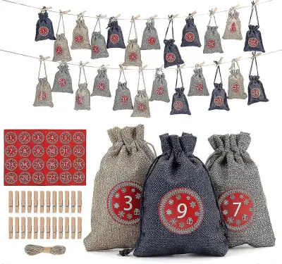 24 polnilnih adventnih koledarjev, torbica iz blaga, adventni koledar za moške, ženske, otroke z 1–24 kosi nalepk, božične darilne vrečke