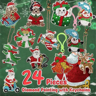 Adventni koledar 2023 Diamantna slika, obesek za ključe, otroški božič, 24-dnevni odštevalnik, obeski za ključe DIY Diamond Art Kit
