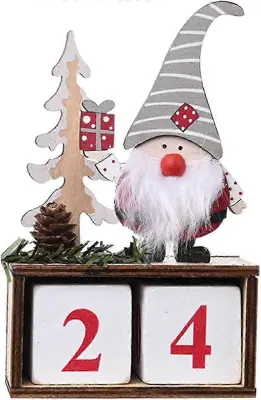 Božični adventni koledar, srčkan vzorec Božička, lesen božični koledar, namizna dekoracija (siva, 1 kos)