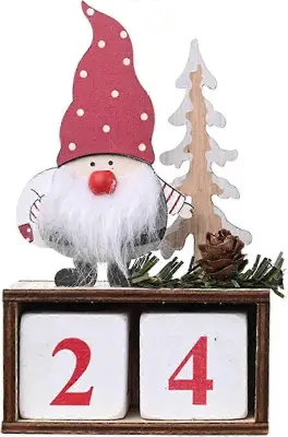 Božični adventni koledar, srčkan vzorec Božička, lesen božični koledar, namizna dekoracija (rdeča, 1 kos)