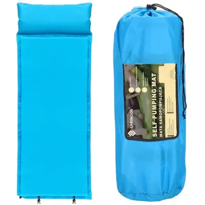 Samopolnilna podloga za vzmetnico 186 cm z vzglavnikom in prevleko, modra turistična podloga.