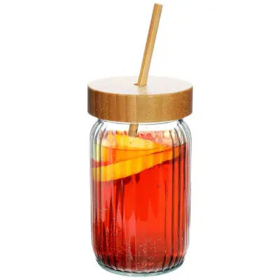 Steklen kozarec za pijačo s pokrovom in slamico 500 ml