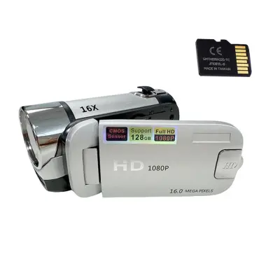 16MP HD Digitalna Kamera Kamkorder s Spominsko Kartico - 1080p, 16x Zoom Silver